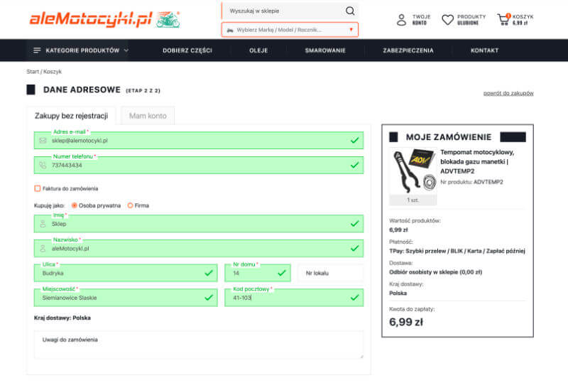 Formularz danych adresowych Etap 2 z 2