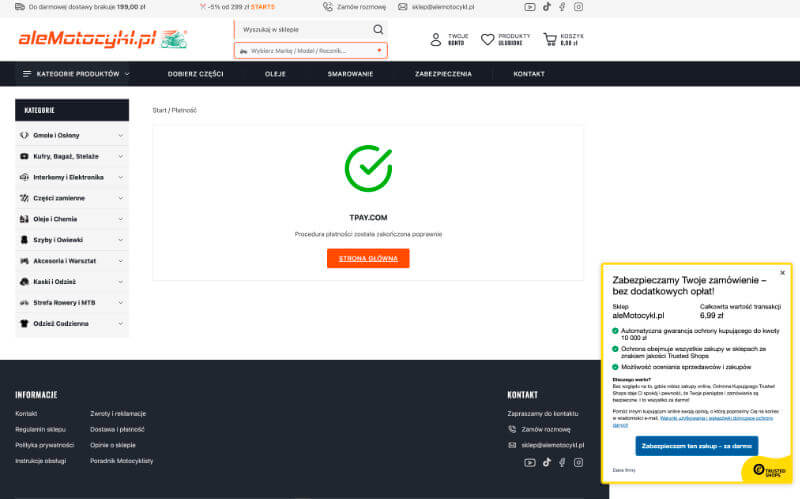 Potwierdzenie płatności i popup Trusted Shops