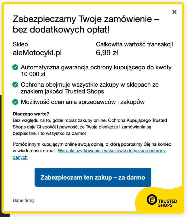 Popup Trusted Shops z przyciskiem Zabezpieczam ten zakup za darmo