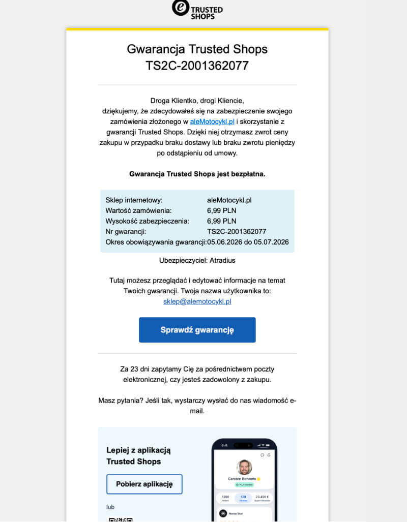 Email z certyfikatem gwarancji Trusted Shops