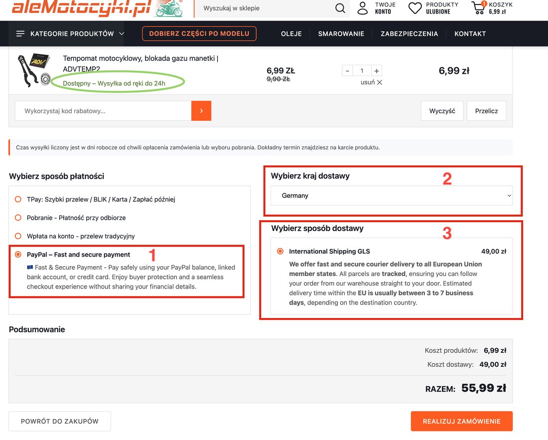 Cart with highlighted fields: 1 PayPal payment, 2 delivery country, 3 delivery method