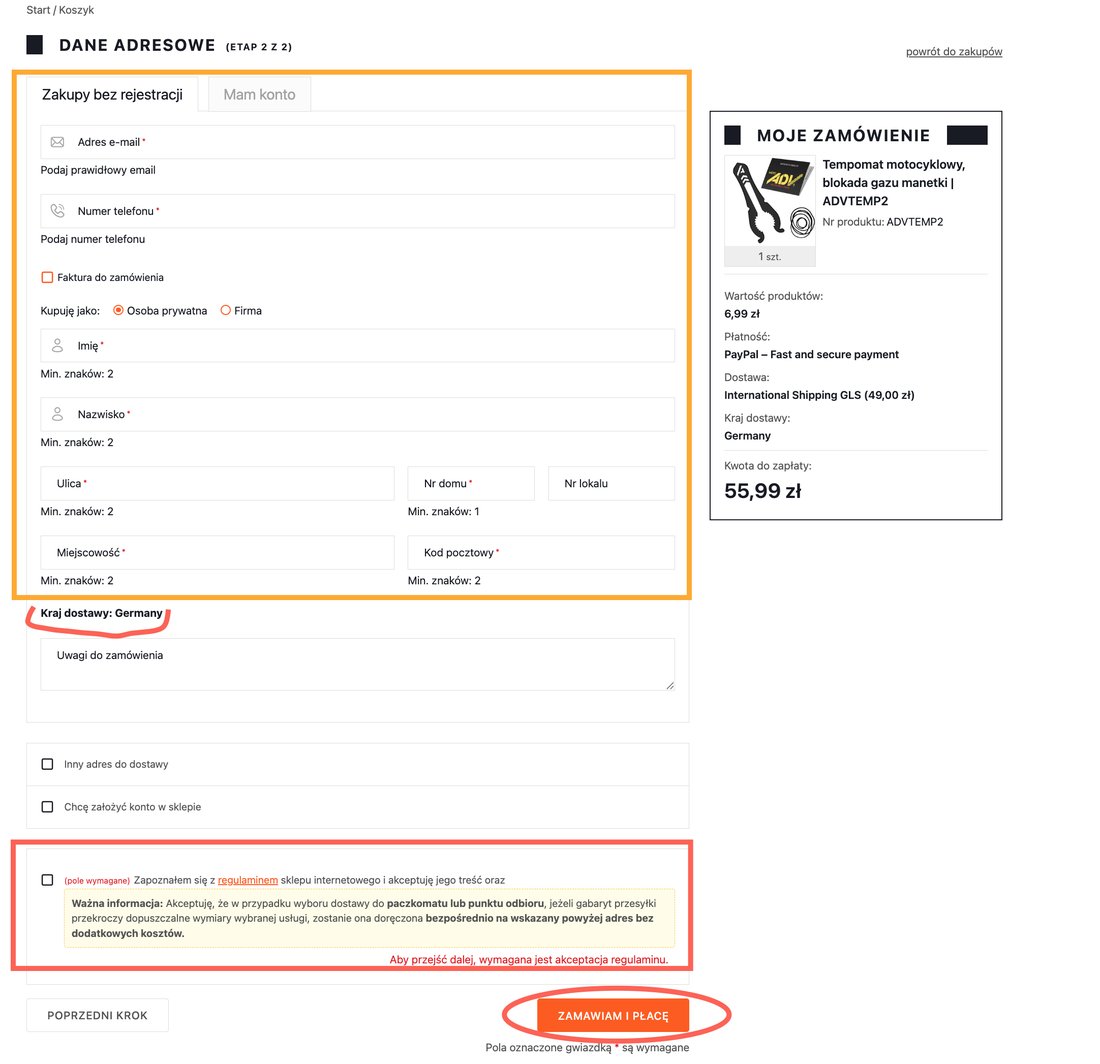 Address details form with terms acceptance and the Order and pay button
