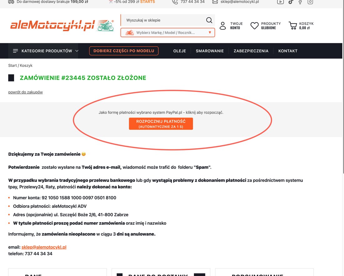 Order confirmation with the Start payment button