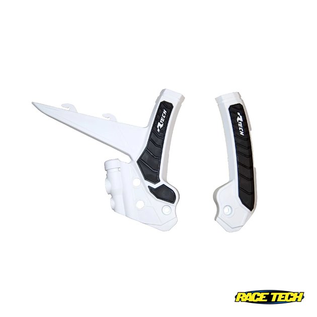 RACETECH (RTECH) OSŁONY RAMY (KOMPLET) BI-MATERIAL SUPER GRIP GAS GAS MC 125 / 250 2024, MCF / ECF / EXF 250 / 350 / 450 / FACTORY EDITION 2024, ECF 500 2024, EC / EX 250 / 300 2024, EC / EX 250 / 300 2024, KOLOR BIAŁY / CZARNY