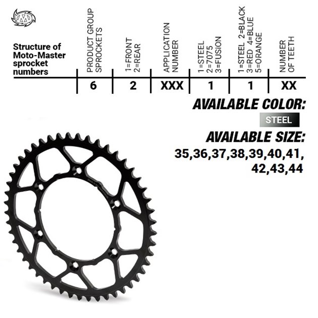 ZĘBATKA TYLNA STALOWA ULTRALIGHT 4644 42 (464442) KTM SX 50/SX 50 MINI 14- , SX-E5 E-BIKE 19-, GASGAS MC 50 MC-E E-BIKE 21-, HUSQVARNA TC 50 17, TC 50 MINI 18-. EE 5 E-BIKE 19- (ŁAŃC. 415) KOLOR CZARNY MOTO-MASTER