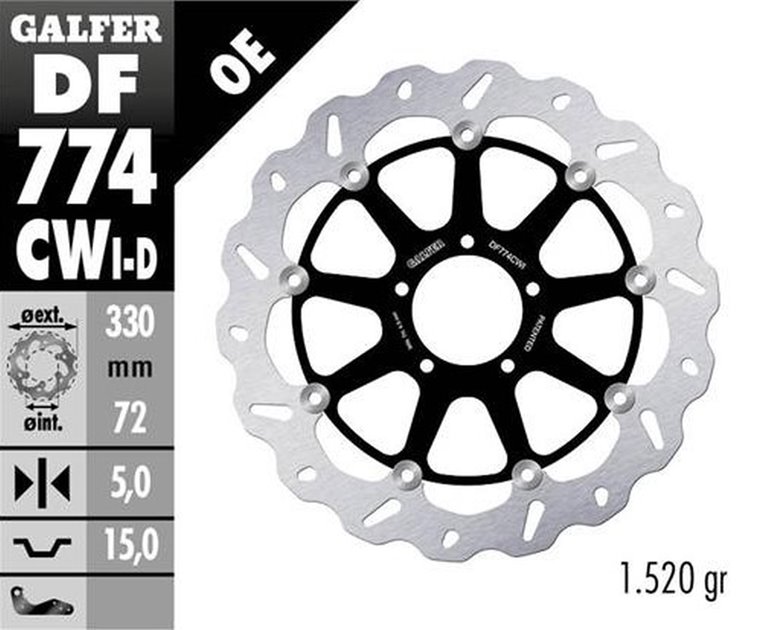 GALFER TARCZA HAMULCOWA PRZÓD DUCATI 1098 2007-2008; 1198S/R 2009-; 1103/1199/1299 PANIGALE 2012-; MULTISTRADA 1103 V4 2021-23 (LEWA) (WAVE FLOATING) (330X72X5MM) | DF774CWI
