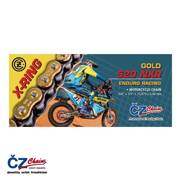 Łańcuch napędowy 520 NXR (122 ogniwa) ACTIVE RING (X-RING) złoty ENDURO RACING do 600 CCM (15,875 X 6,48MM) (35,1 KN) + zapinka CZ | CZ520NXR122GL