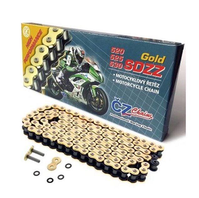 CZ ŁAŃCUCH NAPĘDOWY 525 SDZZ (110 OGNIW) ACTIVE RING (X-RING) ZŁOTY DO 1200 CCM (46,2 KN) + ZAKUWKA DRĄŻONA