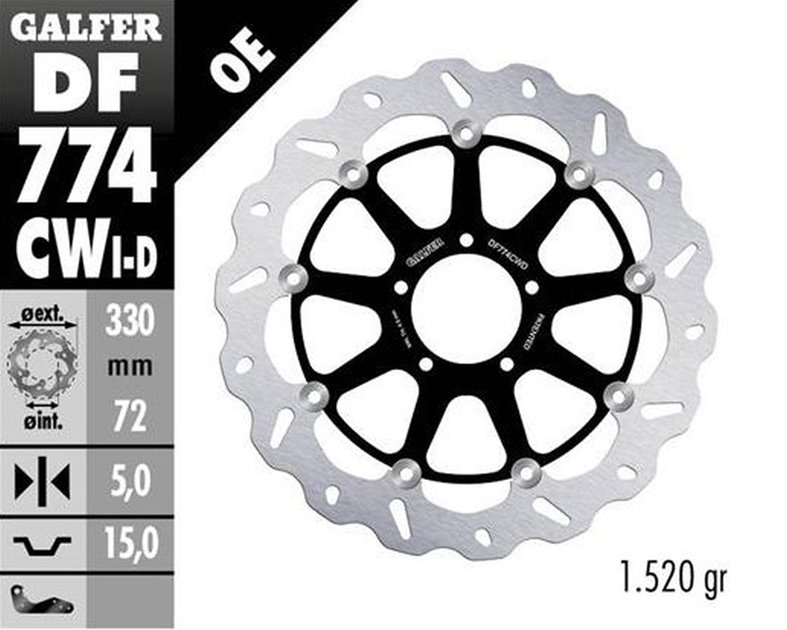 GALFER TARCZA HAMULCOWA PRZÓD DUCATI 1098 2007-2008; 1198S/R 2009-; 1103/1199/1299 PANIGALE 2012-; MULTISTRADA 1103 V4 2021-23 (PRAWA) (WAVE FLOATING) (330X72X5MM) | DF774CWD