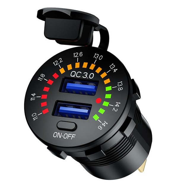 BIKETEC MOTOCYKLOWE PODWÓJNE GNIAZDO USB QC 3.0 - 36 W QUICK CHARGE Z WOLTOMIERZEM MONTAŻ NA POWIERZCHNIE PŁASKĄ (OWIEWKA, KUFER) LUB NA KIEROWNICE - POTRZEBNY ADAPTER BTMUS28