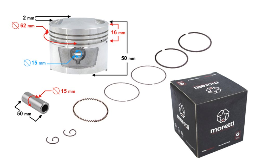 Tłok Moretti 150cc Motocykl 4T,śr:62 sw:15 c:23,5, komplet