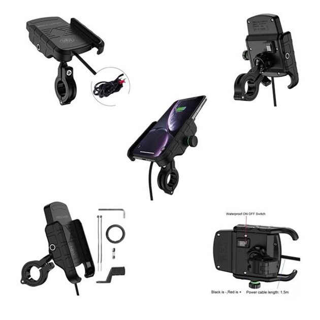 Uchwyt motocyklowy na telefon z ładowarką bezprzewodową R9W metal Wireless - BT155WR
