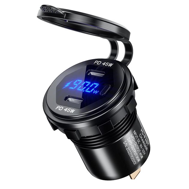 BIKETEC MOTOCYKLOWE PODWÓJNE GNIAZDO USB Typ-C PD - 90 W POWER DELIVERY MONTAŻ NA POWIERZCHNIE PŁASKĄ (OWIEWKA, KUFER) LUB NA KIEROWNICE - POTRZEBNY ADAPTER BTMUS28
