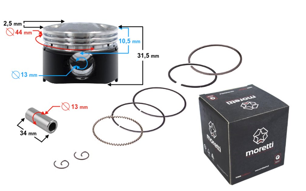Tłok Moretti 60cc Skuter 4T, śr:44 sw:13 c:17,2, grafitowany, komplet GY6 139QMB, 139QMA Skuter 4T
