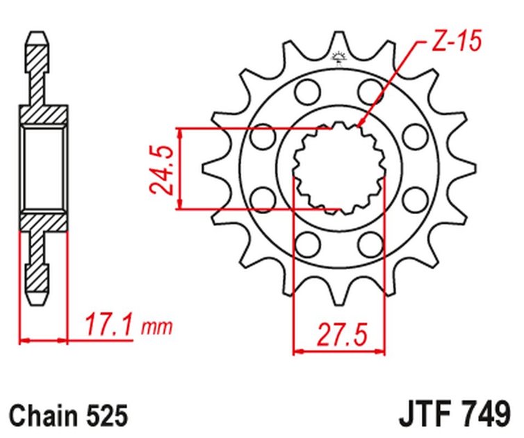 ZĘBATKA PRZEDNIA 2249 15 Z GUMĄ DUCATI PANIGALE 1199/1299 '12-'16 (224915JT) (ŁAŃC.525)