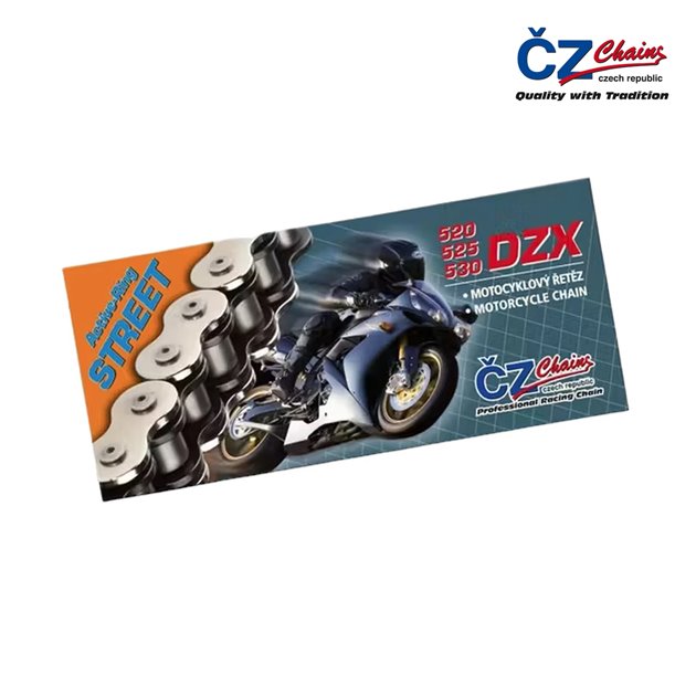 CZ ŁAŃCUCH NAPĘDOWY 525 DZX (124 OGNIWA) ACTIVE RING (X-RING) CHROM DO 1000 CCM (40,0 KN) + ZAKUWKA DRĄŻONA