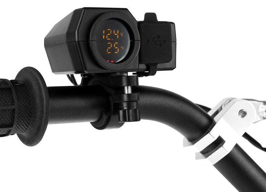 BIKETEC MOTOCYKLOWE PODWÓJNE GNIAZDO USB QUICK CHARGE 3.0 Z WOLTOMIERZEM I WSKAŹNIKIEM TEMPERATURY ZEWNĘTRZNEJ MONTAŻ NA KIEROWNICE