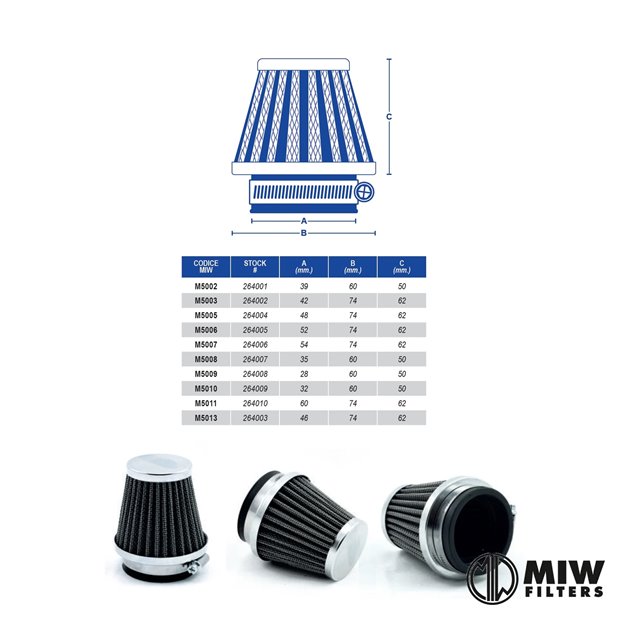 Filtr powietrza stożkowy chromowany (42x74x62mm) MIW | M5003