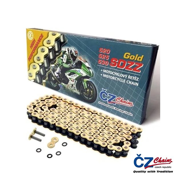 CZ ŁAŃCUCH NAPĘDOWY 525 SDZZ (110 OGNIW) ACTIVE RING (X-RING) ZŁOTY DO 1200 CCM (46,2 KN) + ZAKUWKA DRĄŻONA