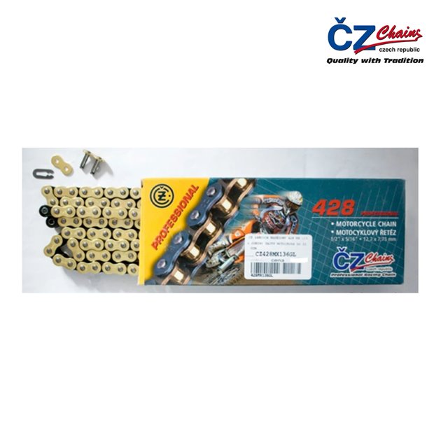 CZ ŁAŃCUCH NAPĘDOWY 428 MX (118 OGNIW) ZŁOTY (MOTOCROSS DO 110 CCM) (23,0 KN) + ZAPINKA | CZ428MX118GL