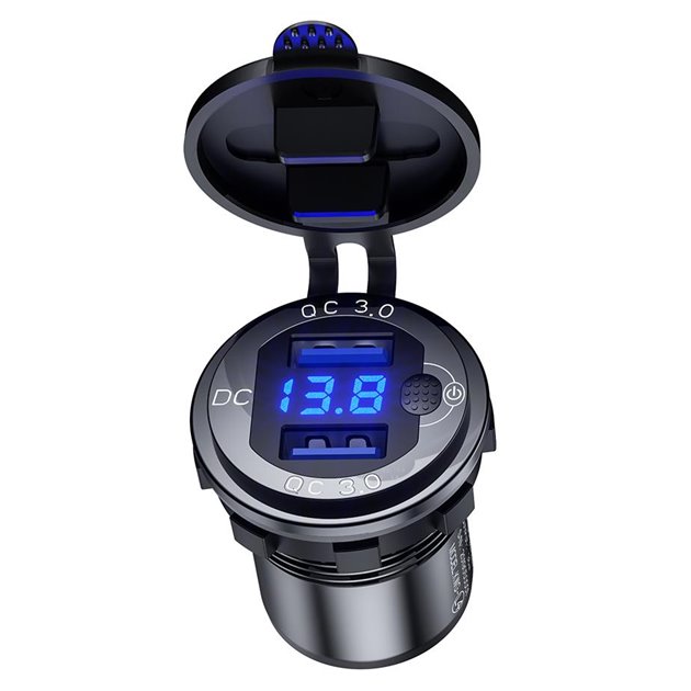 BIKETEC MOTOCYKLOWE PODWÓJNE GNIAZDO USB QC 3.0 - 36 W Z WOLTOMIERZEM MONTAŻ NA POWIERZCHNIE PŁASKĄ (OWIEWKA, KUFER) LUB NA KIEROWNICE - POTRZEBNY ADAPTER BTMUS28