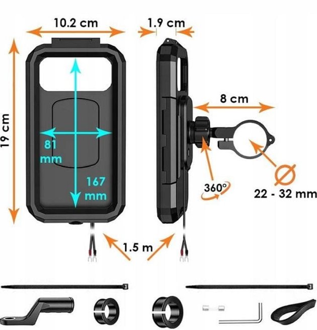Uchwyt motocyklowy na telefon XL z ładowaniem bezprzewodowym i USB C eXtreme Style | WOD000036