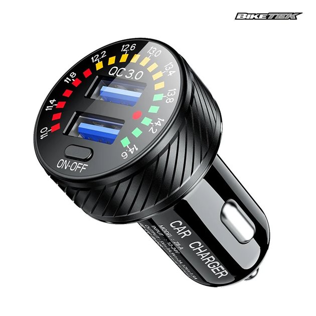 Uniwersalna ładowarka podwójna USB QC 3.0 36W do gniazda zapalniczki z woltomierzem Biketec | BTMUS315