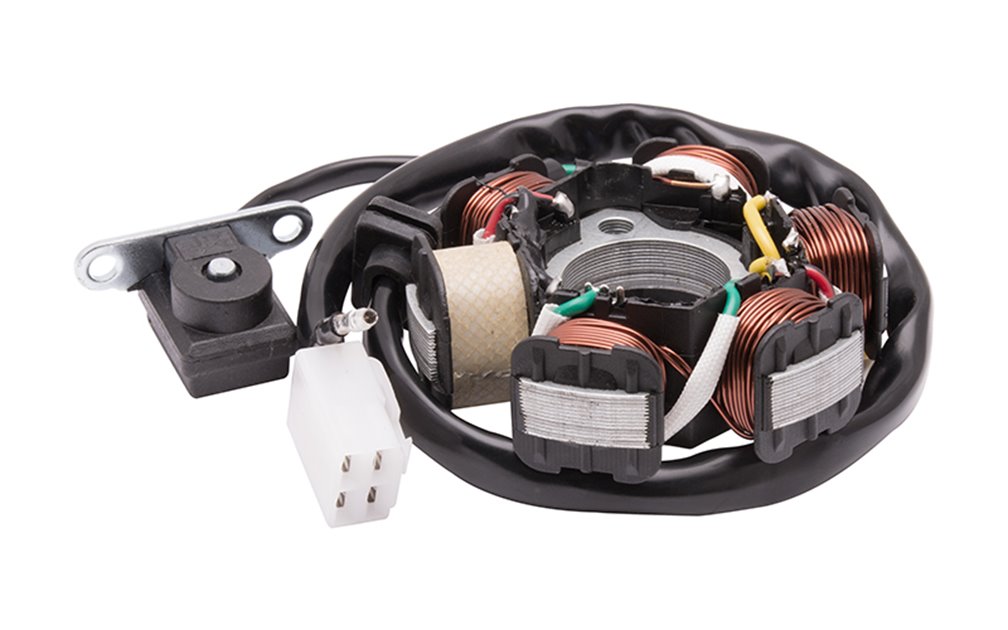 Stator, stojan, iskrownik alternatora uniwersalny bez koła magnesowego do motoroweru 50cc 4T: 6 cewek, 5 przewodów