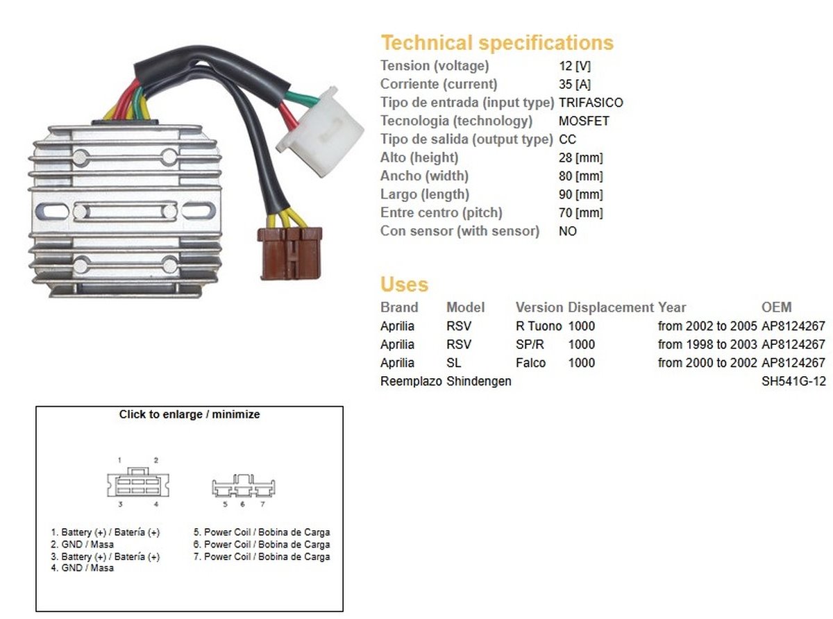 DZE Regulator napięcia Aprilia RSV 1000R Tuono, RSV 1000SP/R, SL 1000 Falco (35A) 7 kabli (ESR912) | 2460-01