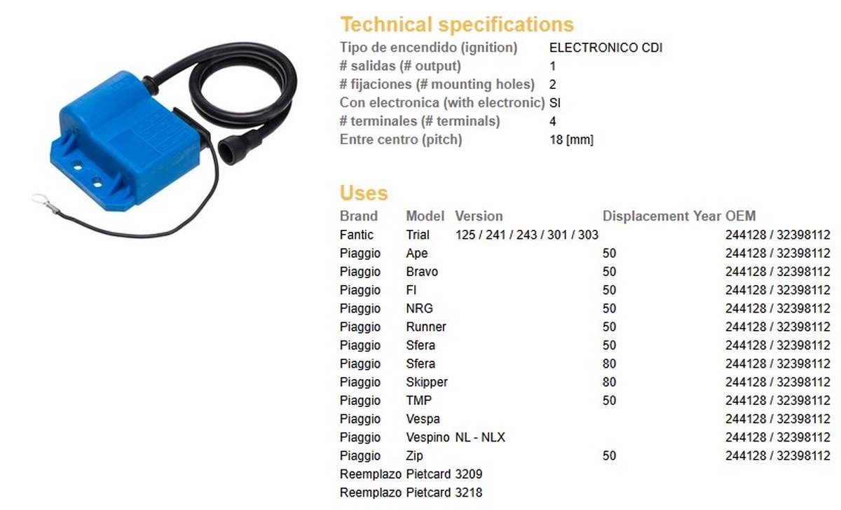 Cewkomoduł Piaggio BRAVO/NRG/RUNNER / SFERA/ZIP/FI/VESPA, Fantic TRIAL 125/241/243/301/303 DZE | 4032-01