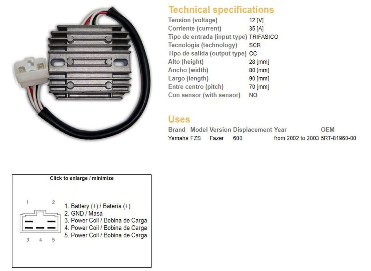 DZE Regulator napięcia Yamaha FZS 600 Fazer (5RT-81960-00) (35A) | 2486-01