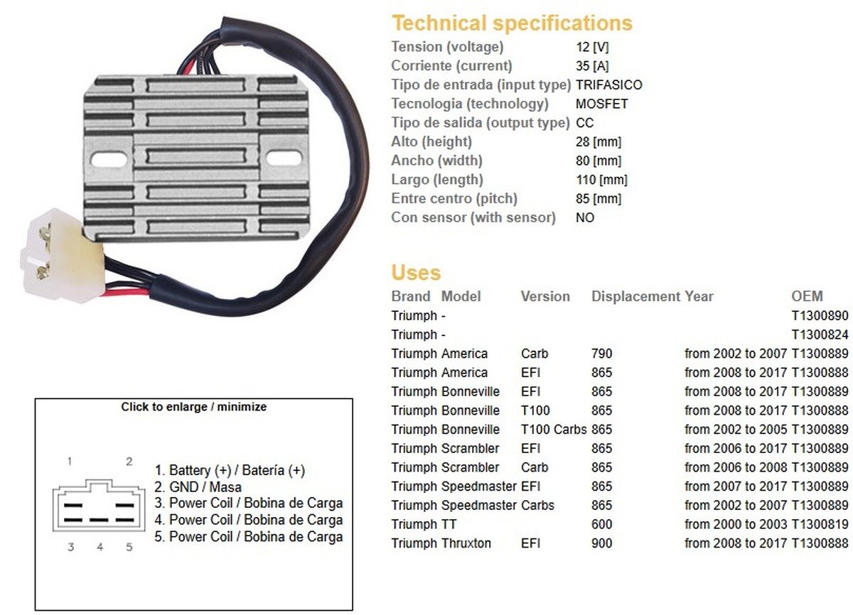 DZE Regulator napięcia Triumph America 790/865, Bonneville 865, Scrambler / Speedmaster 865, TT 600 (T1300889, T1300888) (ESR547) | 2510-01