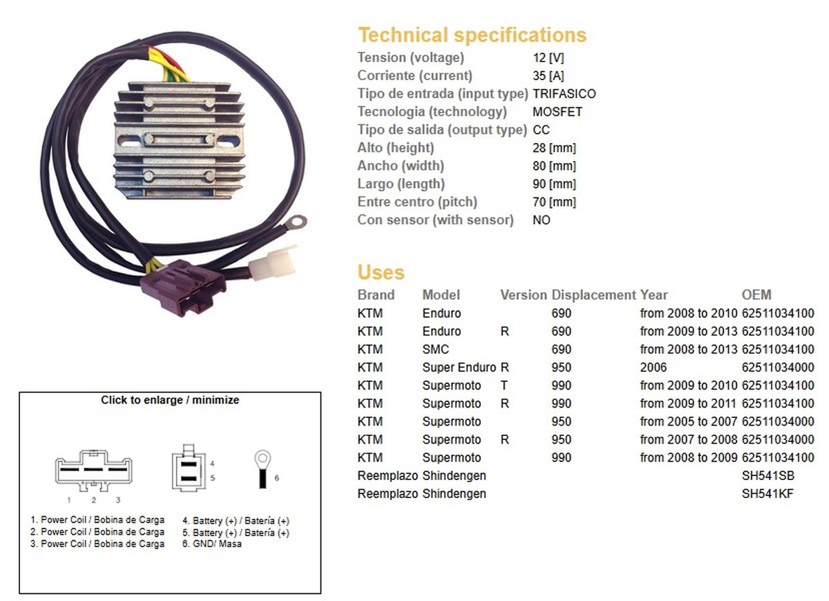 DZE Regulator napięcia KTM 690R Enduro, 950R Super Enduro, Supermoto 950/990R (OEM-62511034000) (SH541SB, SH541KF) | 2504-01