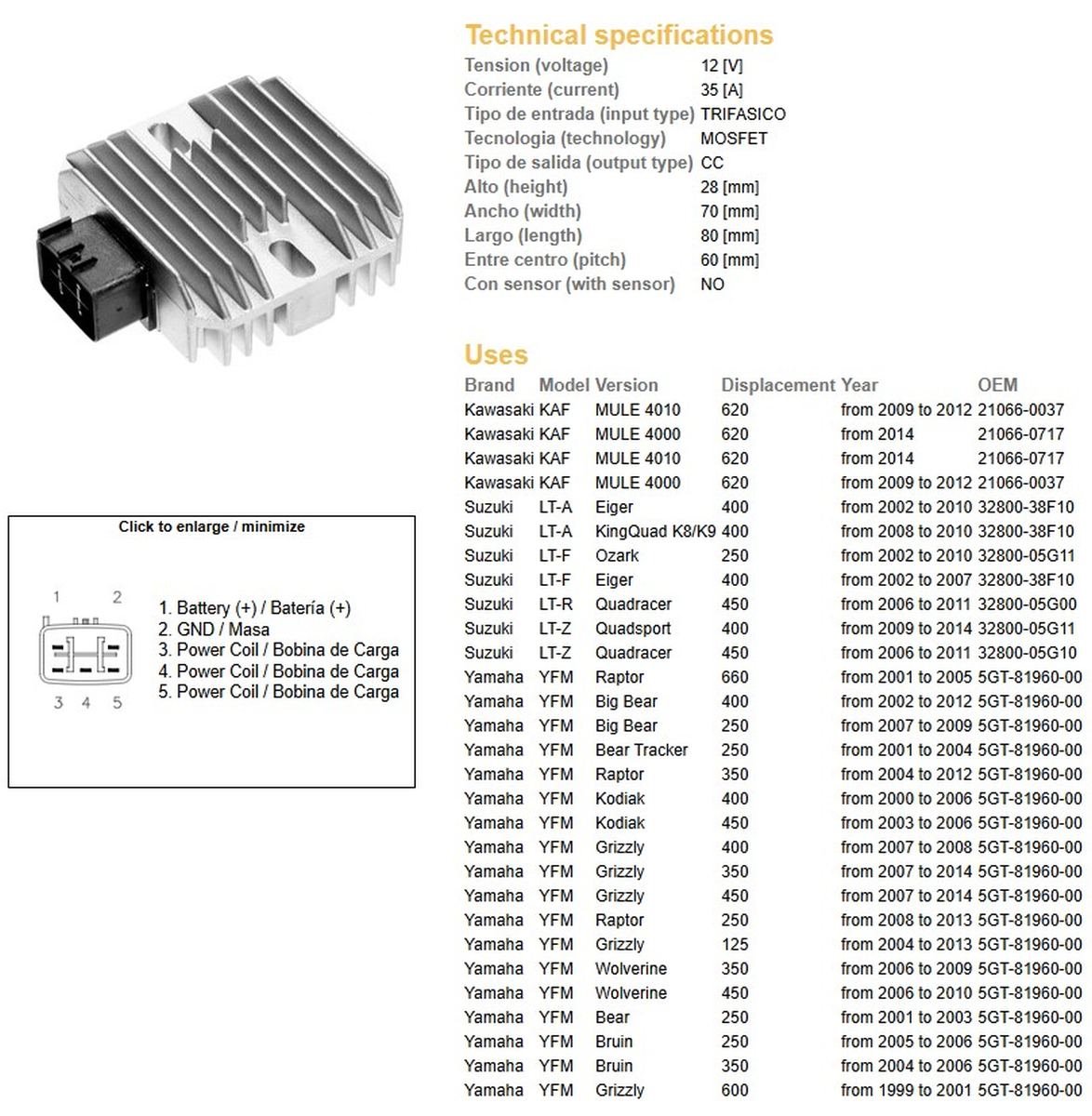 Dze Regulator Napięcia Yamaha YFM 125/250/350/400/450 / 600/660 (Rapror Big Bear Kodiak Grizzly Bruin) Suzuki LTZ400 Quadracer, LTA 400 Eiger, LTR 450R (35A) (ESR441) | 2376-01