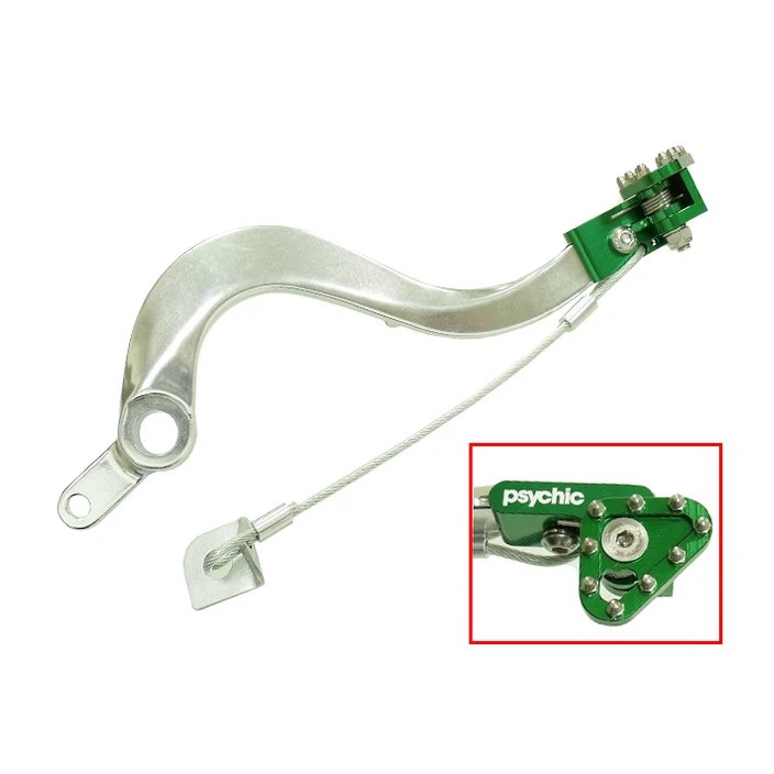 Dźwignia hamulca nożnego Kawasaki KXF 450, KLX 450R srebrna z zieloną stopką PSYCHIC | MX-08803