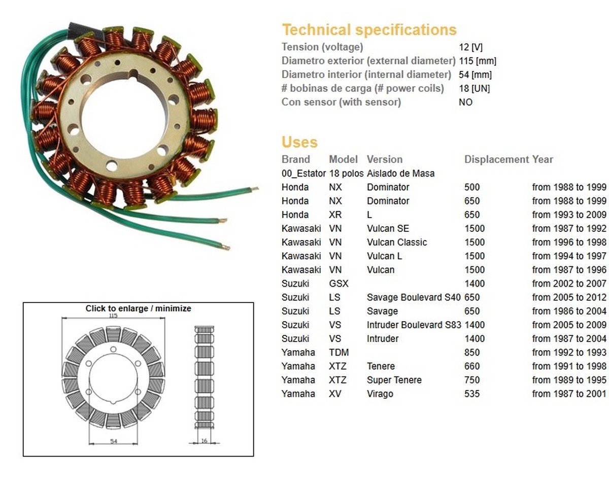 Uzwojenie alternatora (stator) Honda NX 650 Dominator, XR 650L; Kawasaki VN 1500 Vulcan; Suzuki LS 650 Savage, VS 1400 Intruder, GSX 1400; Yamaha XTZ 660 Tenere, XTZ 750 Super Tenere DZE | 2896-01