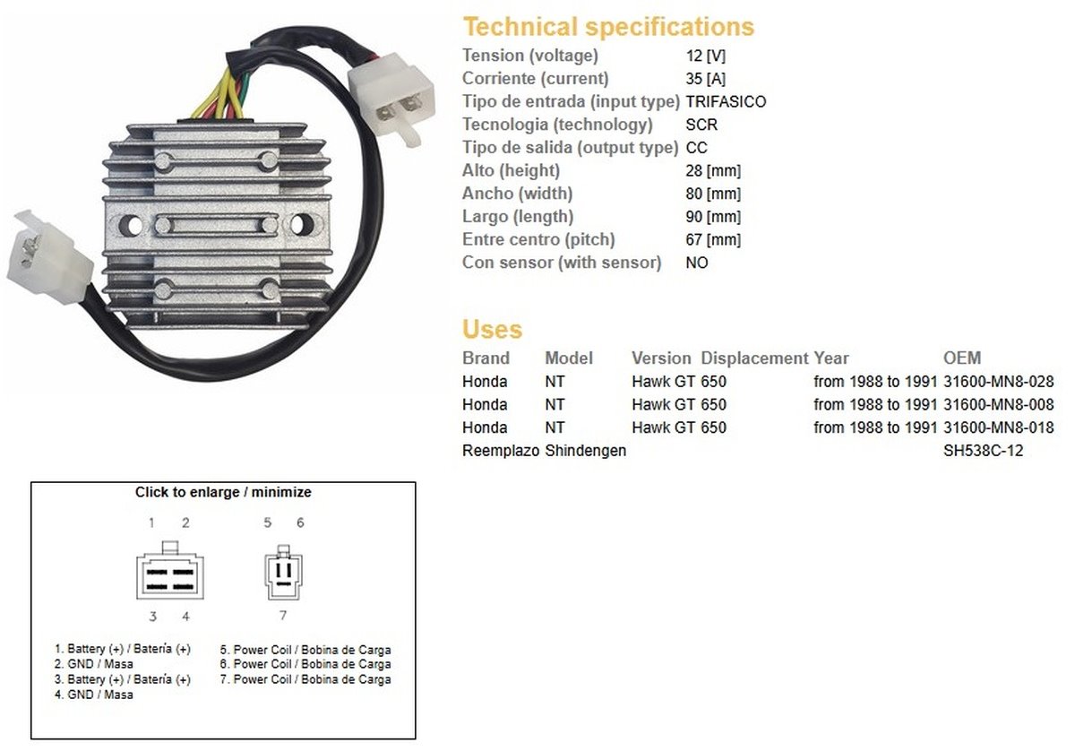 DZE Regulator napięcia Honda NTV 650 (12V/35A) (SH538C-12) (31600-MN8-008) (31600-MN8-028) (ESR252) | 2501-01