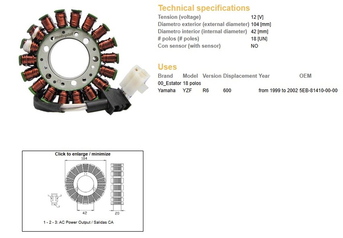 Uzwojenie alternatora (stator) Yamaha YZF 600 R6 DZE | 13013-01