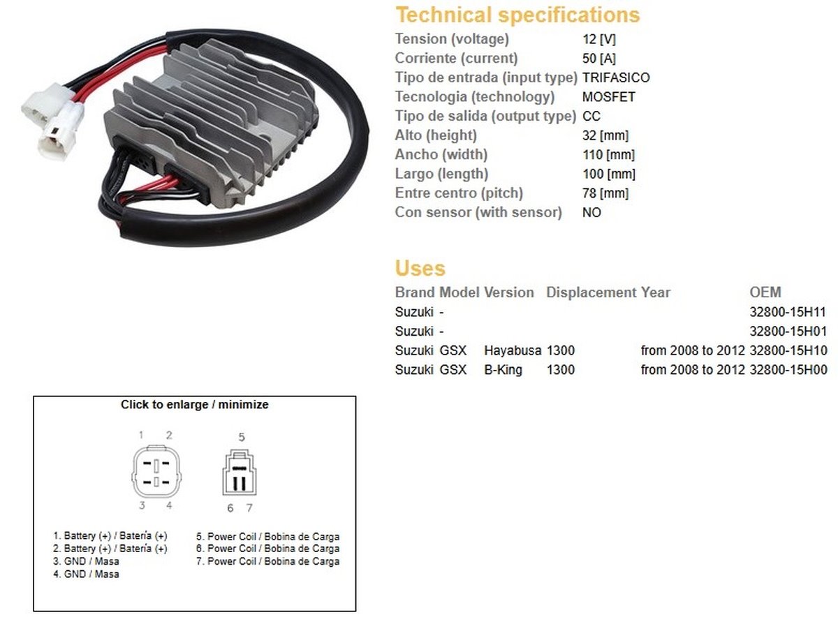 Regulator napięcia Suzuki GSXR 1300 Hayabusa, B-KING 1300 50A DZE | 2552-01