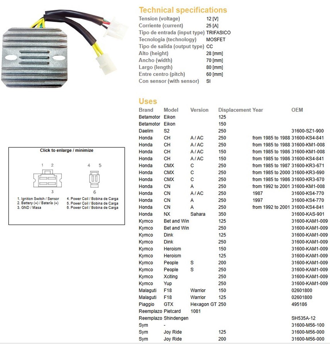 DZE Regulator napięcia Honda CMX 250 Rebel, CN 250, Kymco 125/200/250, Malaguti, Piaggio, SYM (ESR334) (KAM-009-31600) | 2497-01