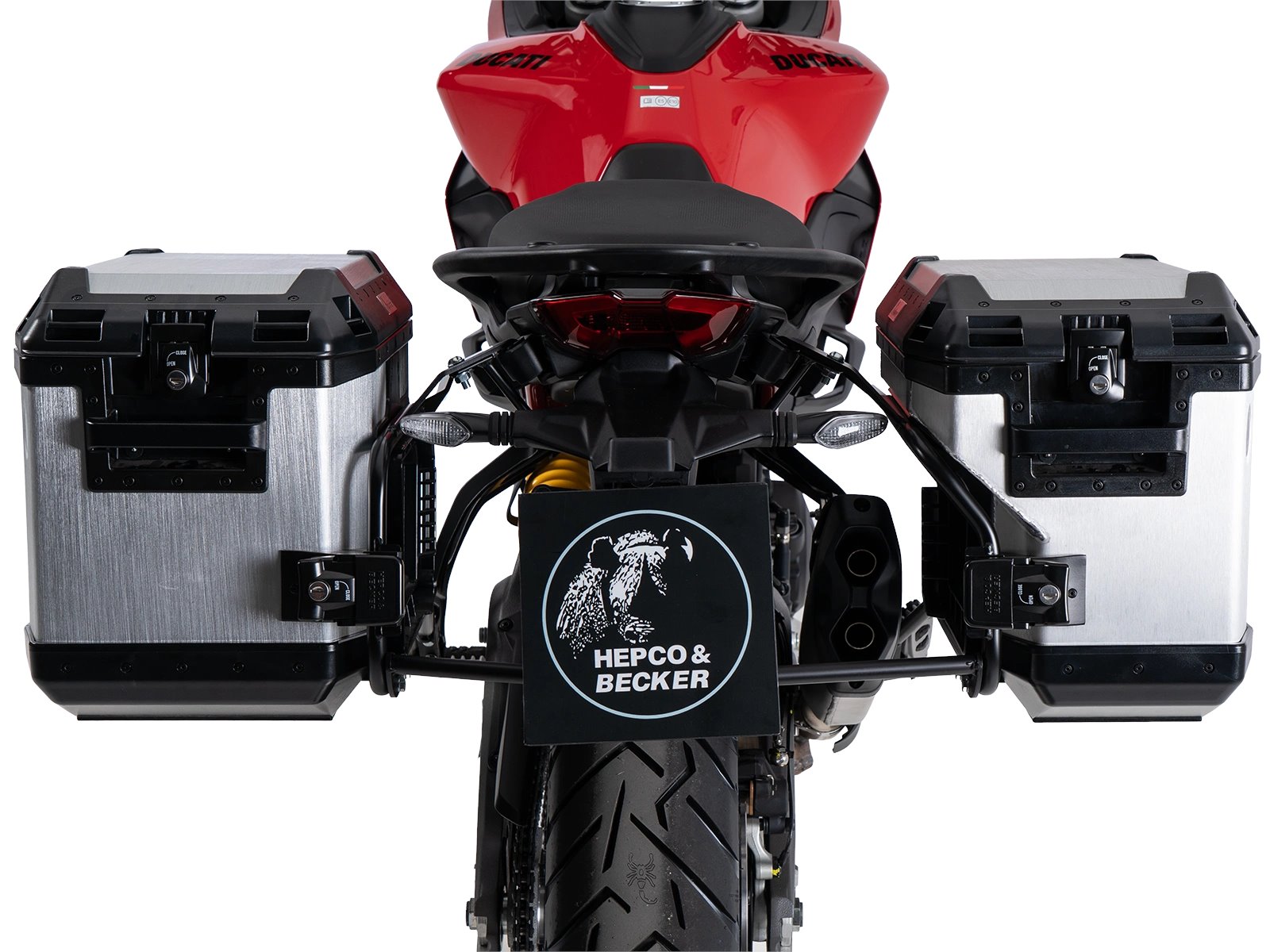 Zestaw stelaży pod kufry boczne Cutout czarny z kuframi Xplorer Cutout srebrnymi Ducati Multistrada V2/S Hepco & Becker | 6517679 00 01-00-40