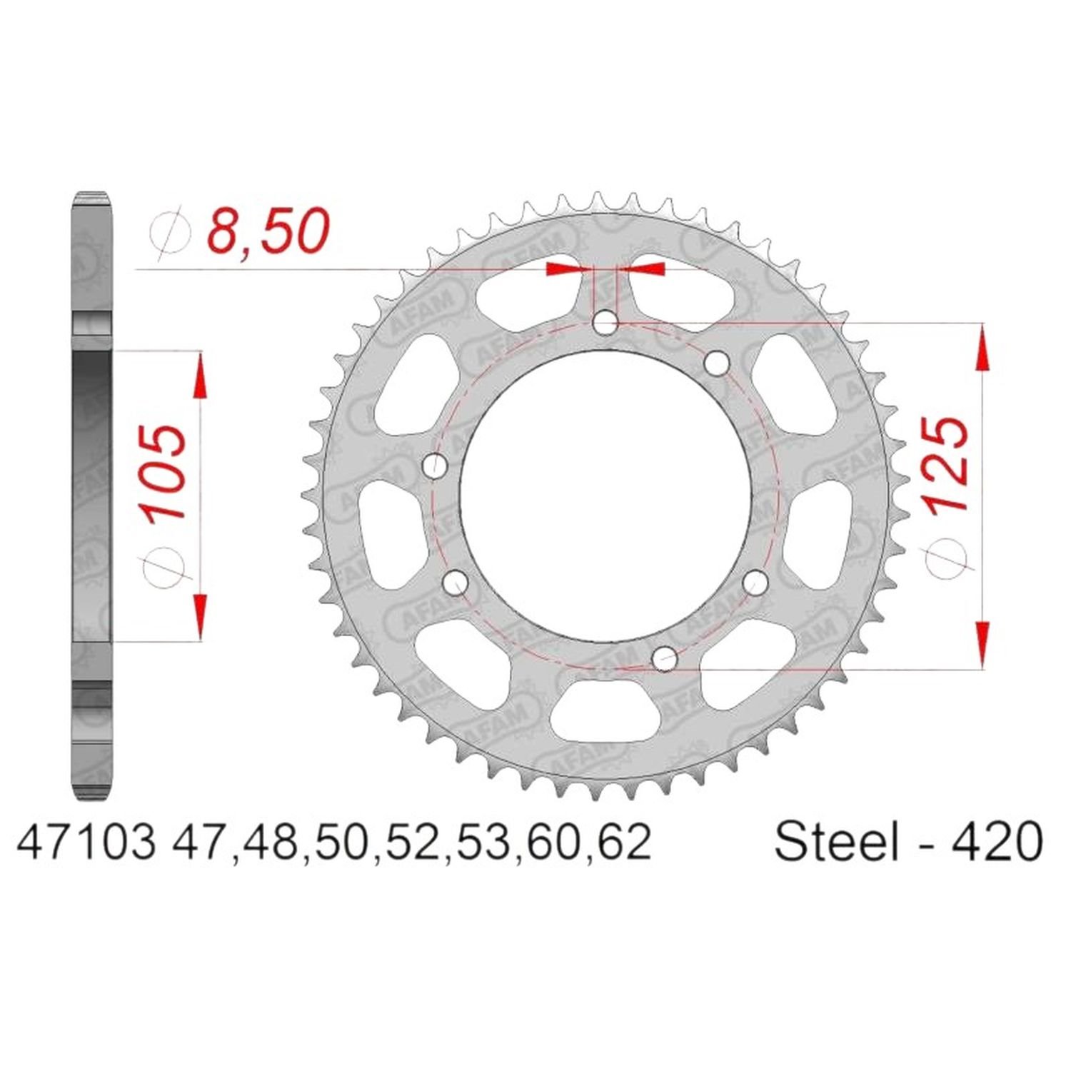 Zębatka tylna Yamaha DT 50, Malaguti XTM, MRX, SMX 62 zębów (Łańcuch 420) AFAM | 47103-62