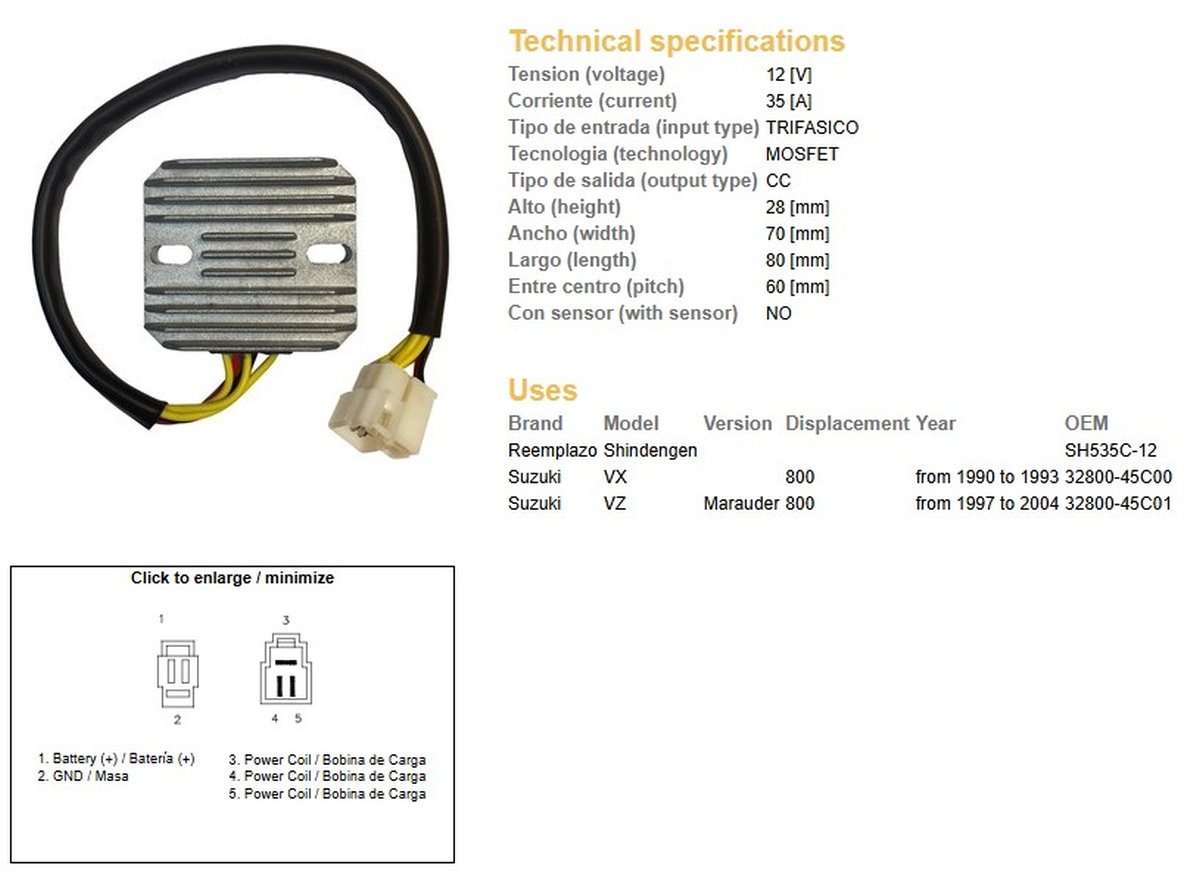 DZE Regulator napięcia Suzuki VZ 800 Marauder, VX 800 (SH535C-12) (32800-45C00, 32800-45C01) (ESR560) | 2500-01