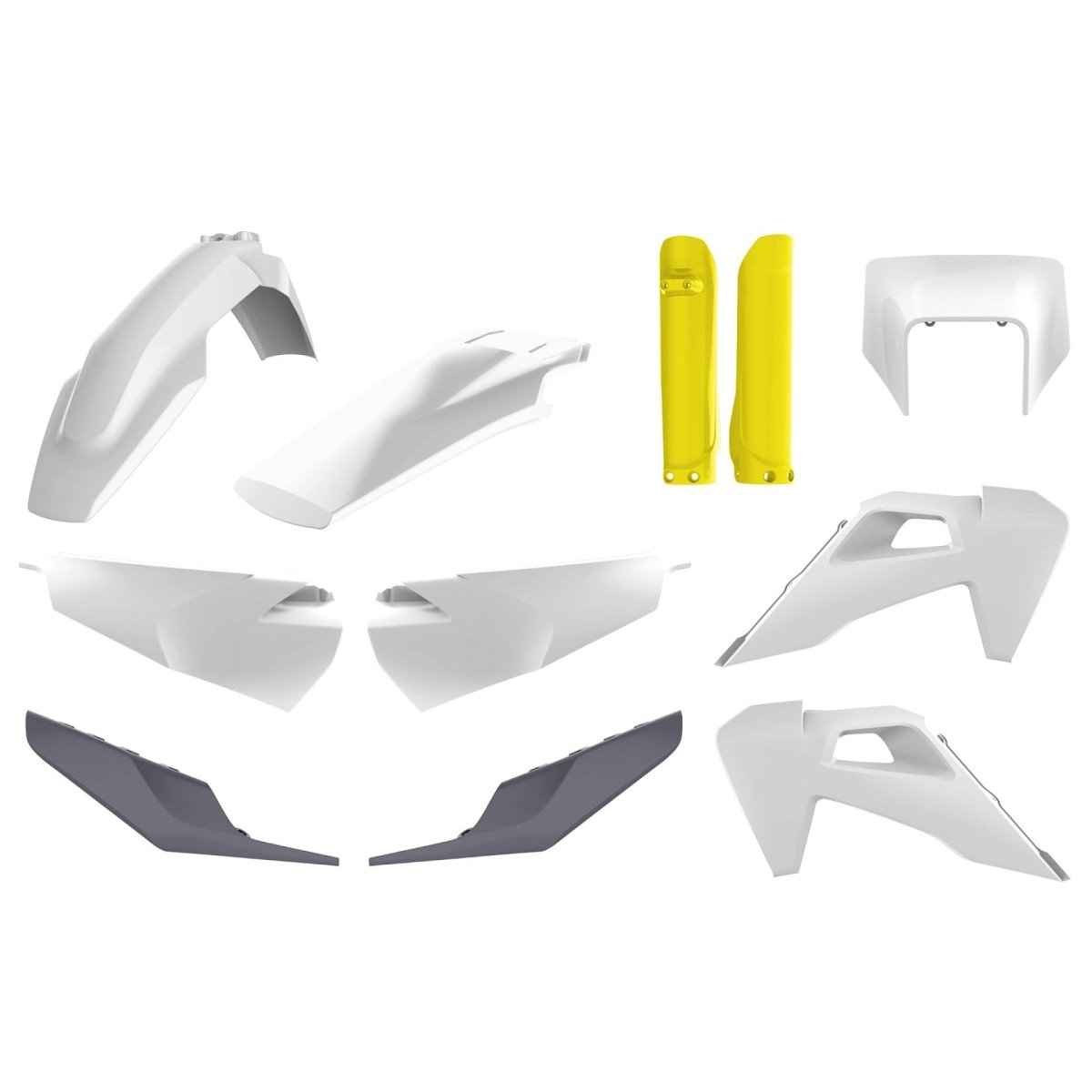 Komplet plastików (FULL KIT) z osłoną lampy przedniej i osłonami amortyzatorów Husqvarna TE/FE TPI OEM Biało Żółto Szary Polisport | 91124