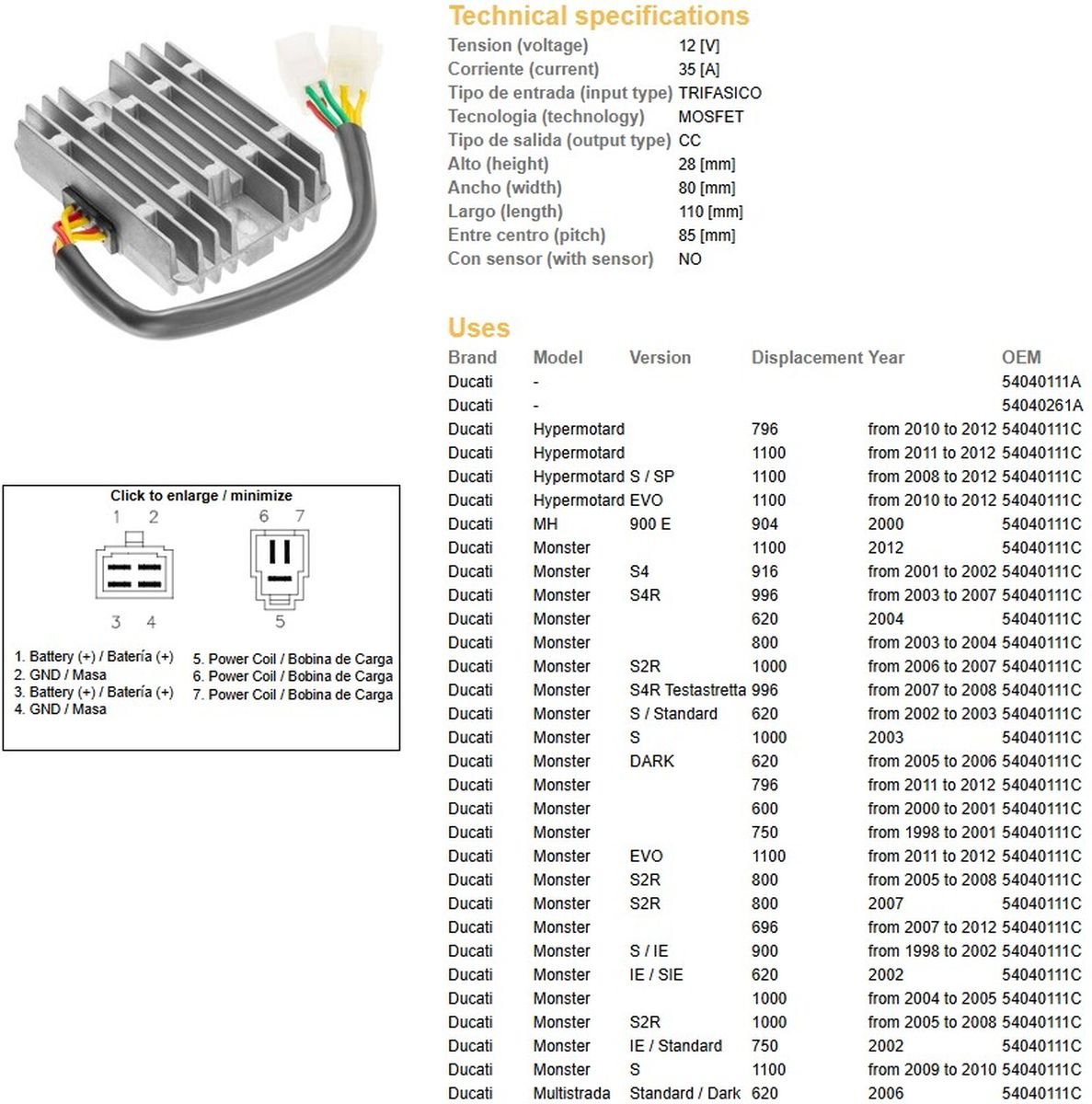 Regulator napięcia Ducati 600/620/748/750/796 / 800/900/916/944/992 / 996/1000/1100 35A DZE | 2551-01