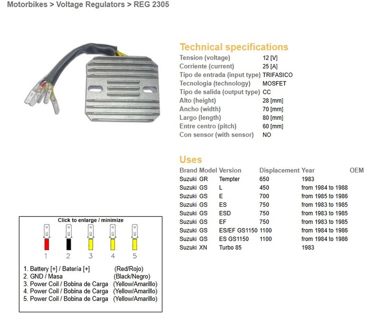 Dze Regulator Napięcia Suzuki GS 450L, GS 700E, GS 750ES/EF/ESD, GS 1100ES/EF, GR 650 Tempter (ESR130) (RGU-301) | 2305-01