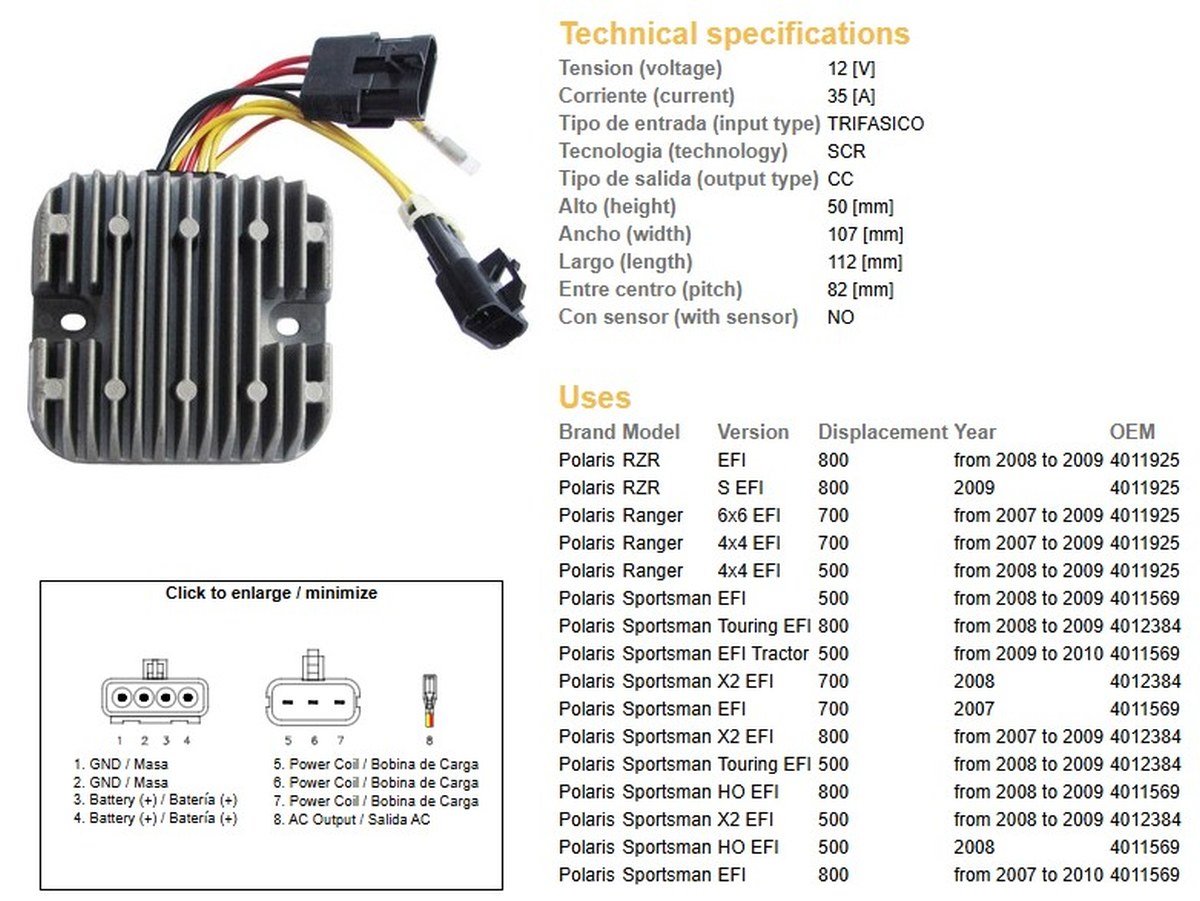 DZE Regulator napięcia Polaris Sportsman EFI 500/700/800, Ranger EFI 500/700/800 (12V/35A) (4012384, 4011569, 4011925) (ESR826) | 2532-01