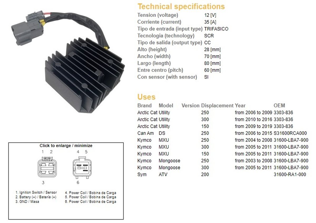 DZE Regulator napięcia Kymco MXU 150/250/300, CAN AM DS 250, Arctic Cat 150/250/300 (35A) (31600-LBA7-900) (ESR344) | 2468-01