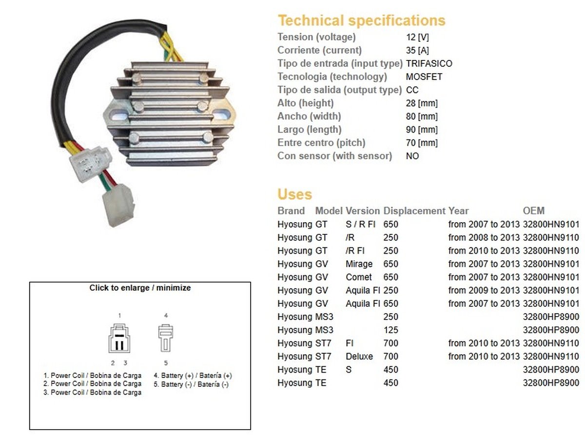 DZE Regulator napięcia Hyosung GT 250R, GT 650S/R, GV 250, GV 650, MS3 125/250, ST7 700, TE 450 (35A) (ESR612) | 2466-01