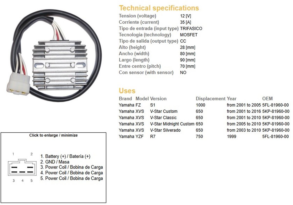 DZE Regulator napięcia Yamaha XVS 650 V-Star, YZF 750 R7, FZS 1000 (5KP-81960-00) (35A) (ESR266) (5FL-81960-00) | 2463-01